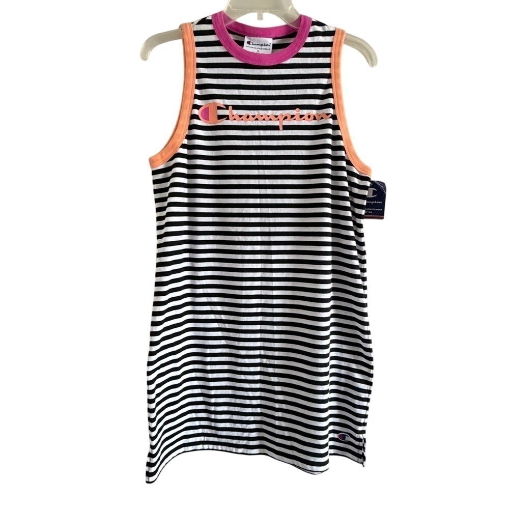 Champion Womens M Striped Tank Dress Athleisure Black White Pink Orange W5680